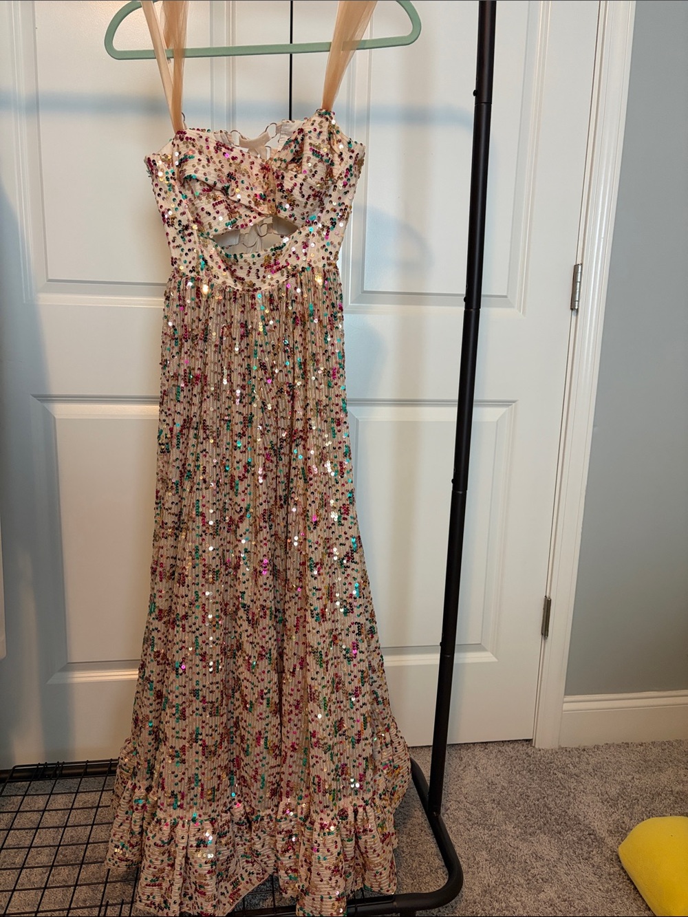 Sabina Musayev Pixie Sequin nude A line mid Dress with front cut out